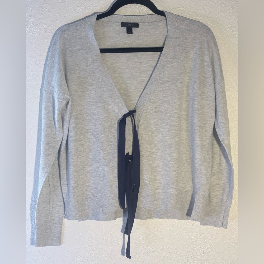 J CREW Gray Merino Wool Cotton Drop Shoulder Tie Front Cardigan Sweater Size M